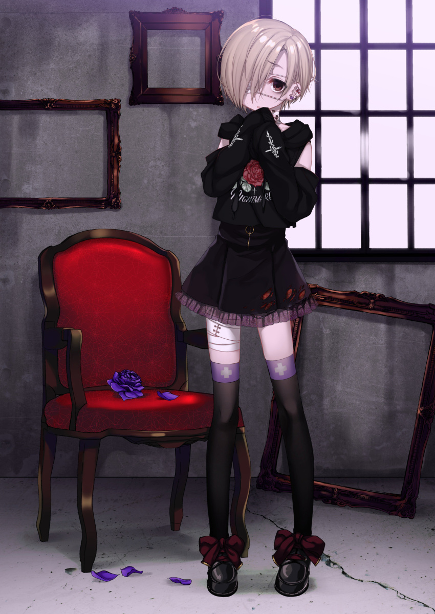 1girl, absurdres, bandage, bandaged_leg, bandaged_neck, black_nails, blonde_hair, bow