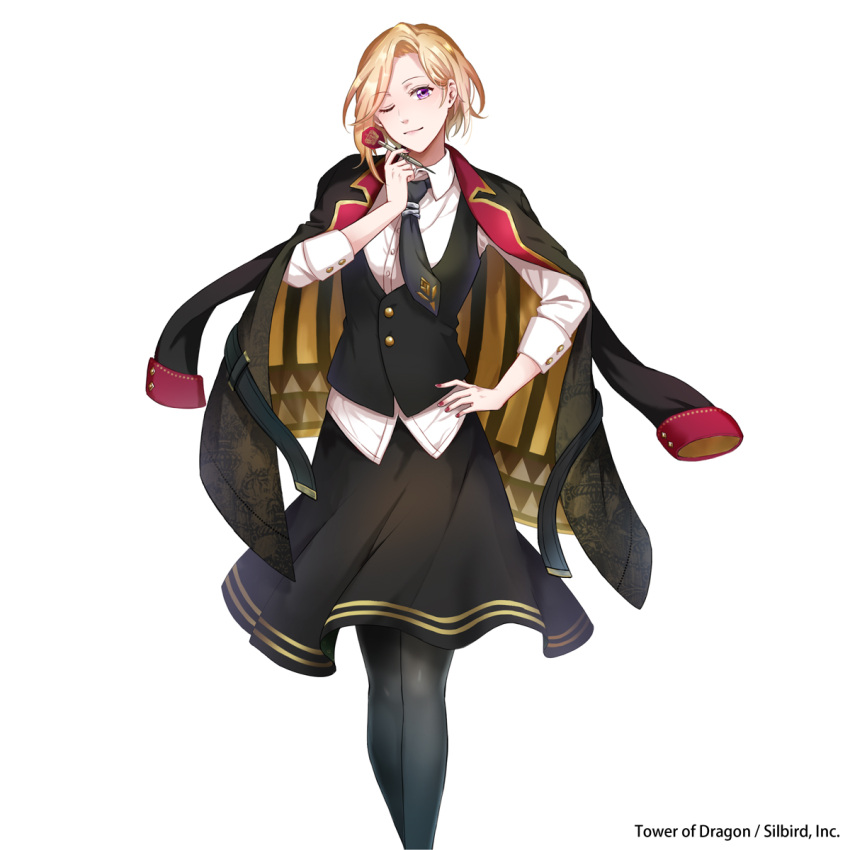 1girl, ;), black_legwear, black_neckwear, black_skirt, black_vest, blonde_hair, copyright_name