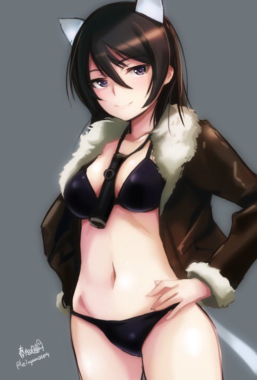 1girl, adolfine_galland, animal_ears, artist_name, between_breasts, bikini, black_bikini, black_hair