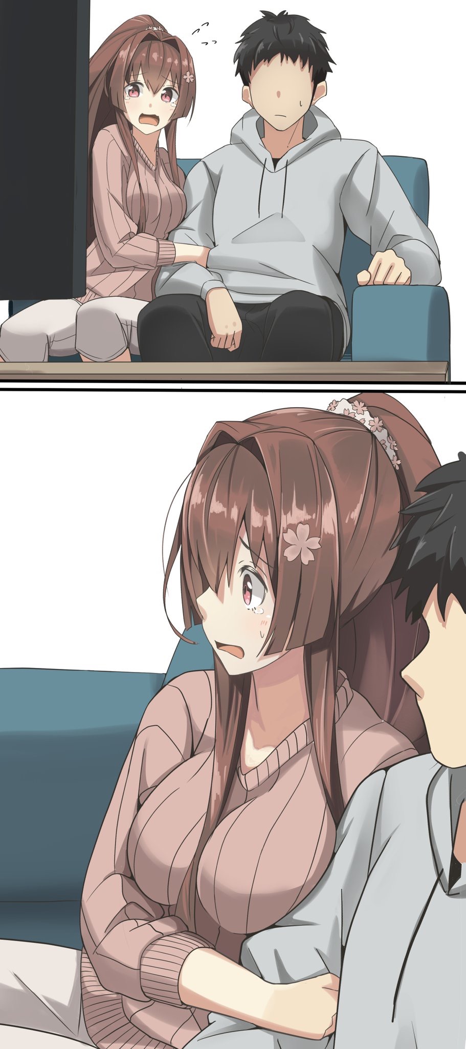 1boy, 1girl, between_breasts, black_hair, black_pants, brown_hair, closed_mouth, collarbone