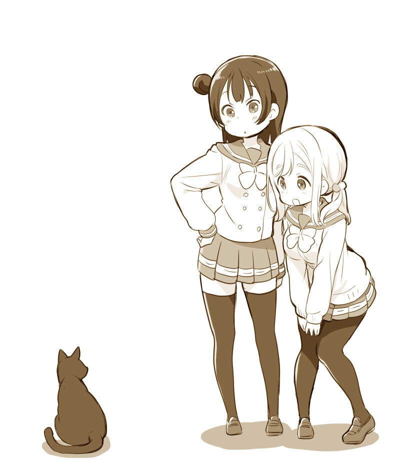 2girls, alternate_hairstyle, animal, bangs, black_cat, bow, bowtie, cardigan