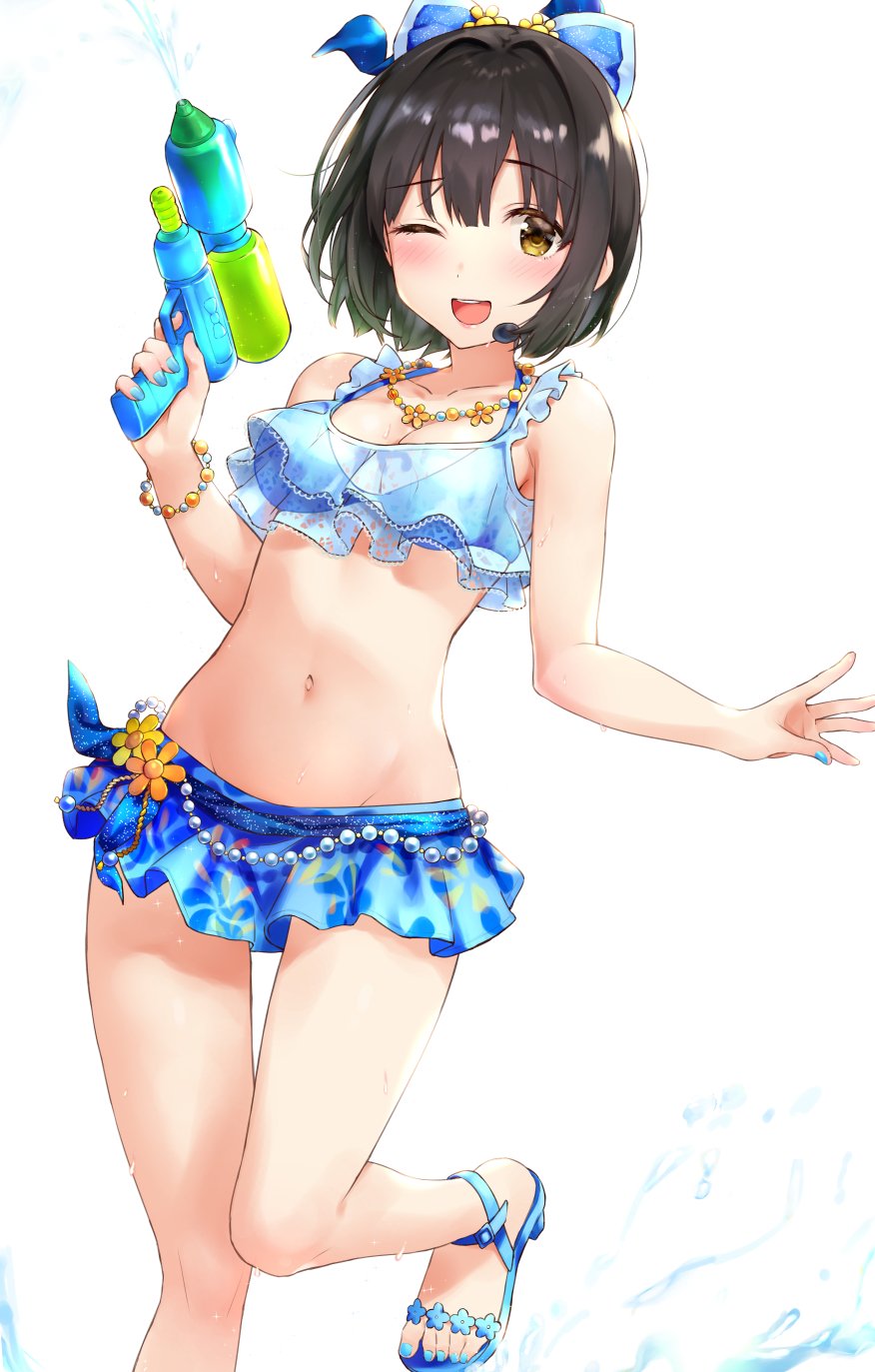 1girl, ;d, bikini, bikini_skirt, black_hair, blue_bikini, blue_nails, blush, breasts, bvucki36gzoeq1c, cleavage, collarbone, eyebrows_visible_through_hair, headset, highres, idolmaster, idolmaster_cinderella_girls, jewelry, lips, looking_at_viewer, medium_breasts, nail_polish, navel, necklace, one_eye_closed, open_mouth, sandals, short_hair, simple_background, smile, solo, swimsuit, takafuji_kako, upper_teeth, water, water_gun, wet, white_background, yellow_eyes