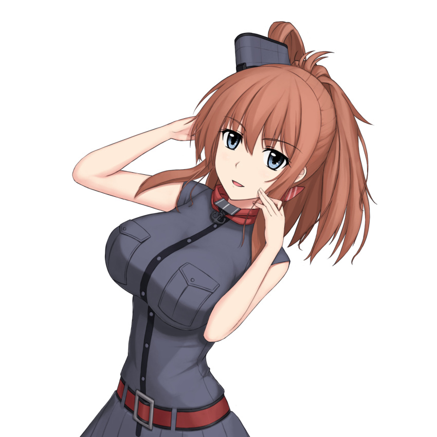 1girl, anchor, belt, blue_eyes, blue_skirt, blush, breast_pocket, breasts