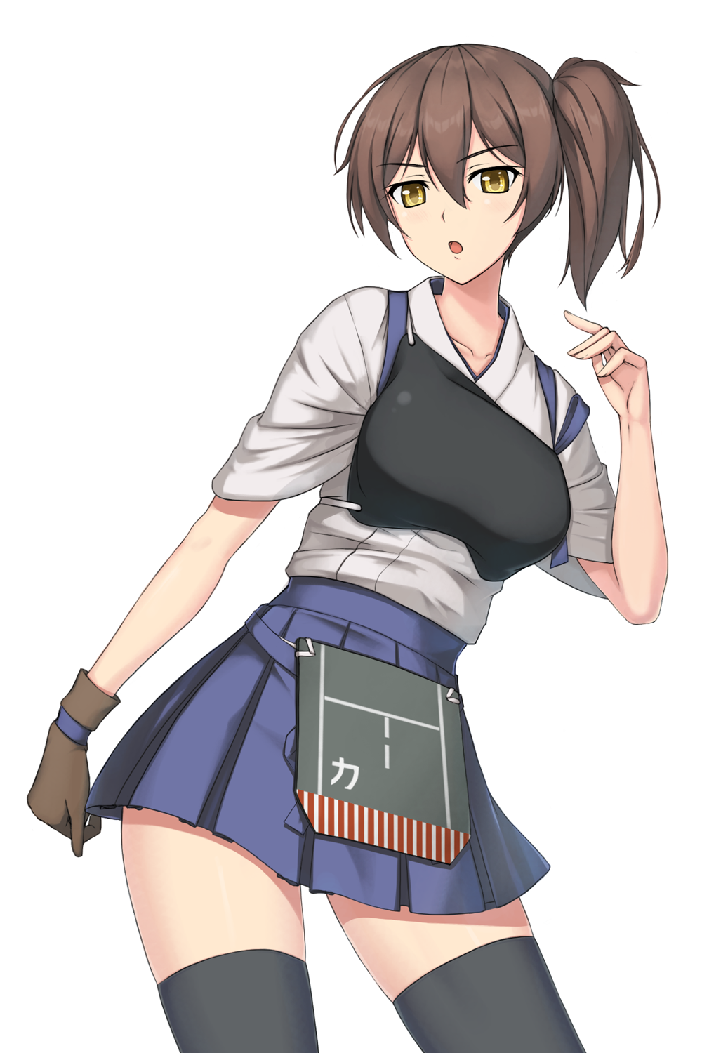 1girl, black_legwear, blue_skirt, blush, breasts, brown_gloves, brown_hair, collarbone