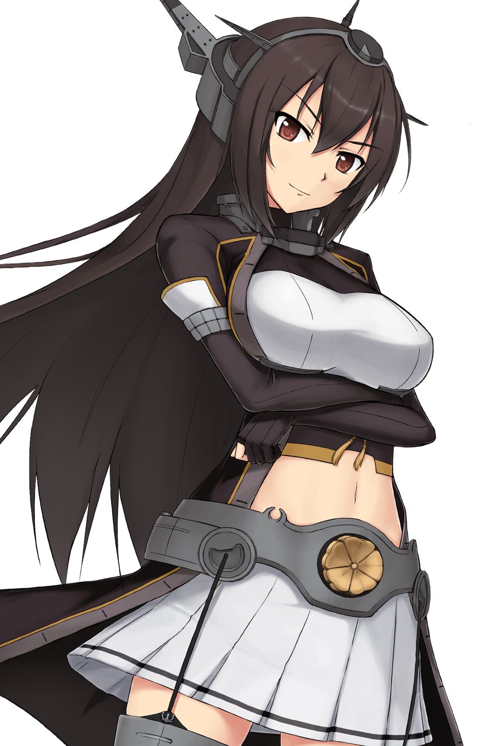 1girl, arms_under_breasts, black_gloves, breasts, brown_hair, closed_mouth, eyebrows_visible_through_hair, garter_straps