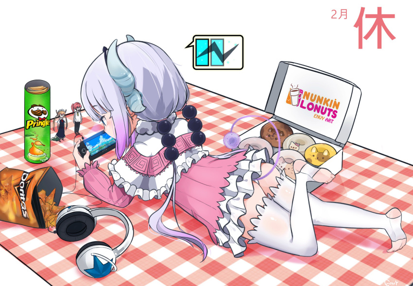 1girl, ass, barefoot, blue_eyes, character_doll, dated, donuts, doritos