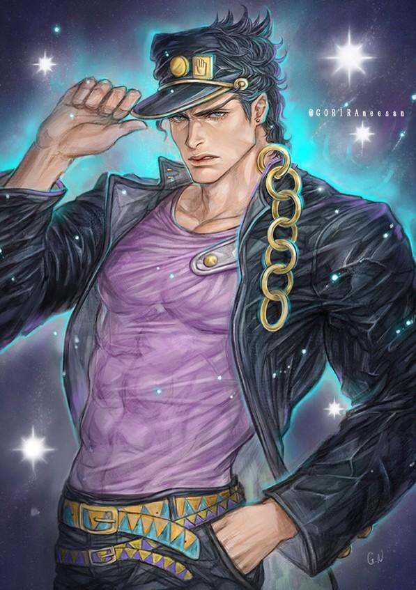 1boy, abs, artist_name, black_hair, blue_hat, chains, coat, ear_piercing