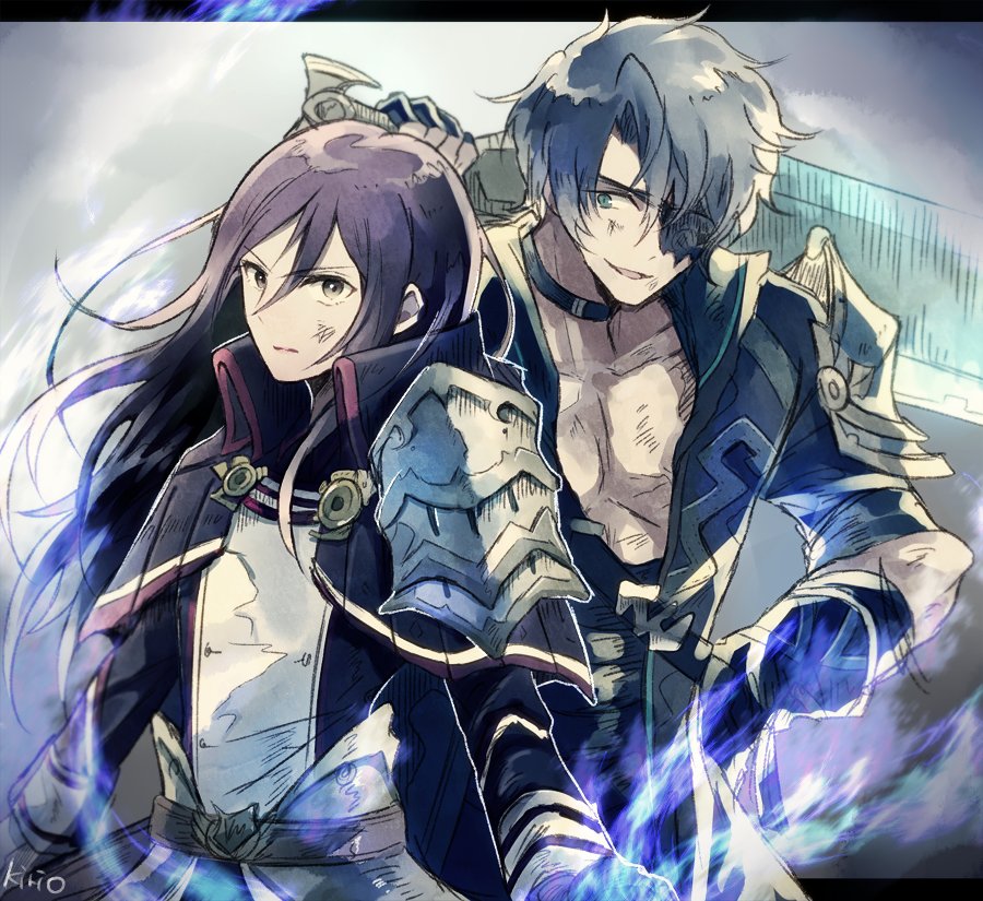 1boy, 1girl, armor, cape, eyepatch, fingerless_gloves, gloves, hat
