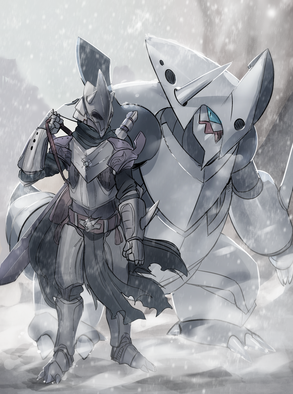 1other, aggron, armor, belt, black_scarf, blue_eyes, boots, clenched_hand
