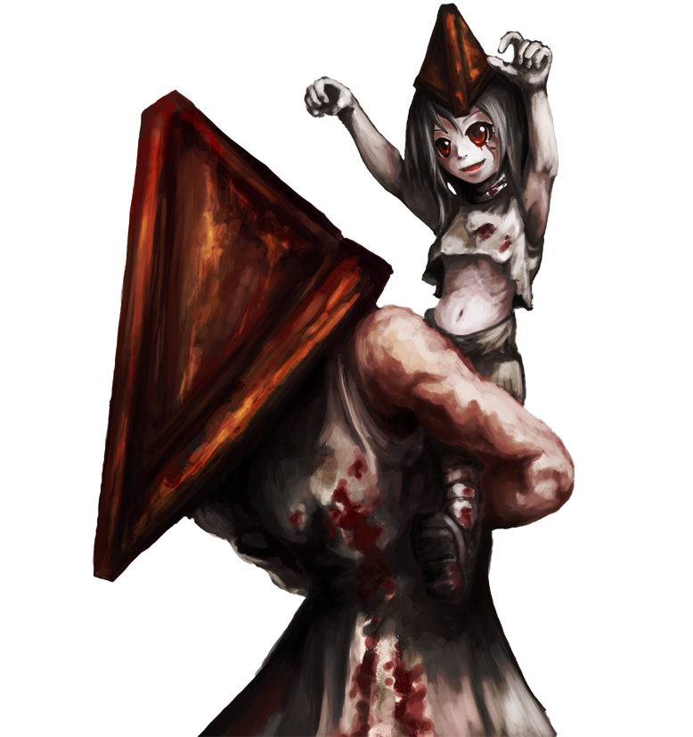 blood, child, father_and_daughter, helmet, piggyback, pyramid_head, red_eyes, silent_hill