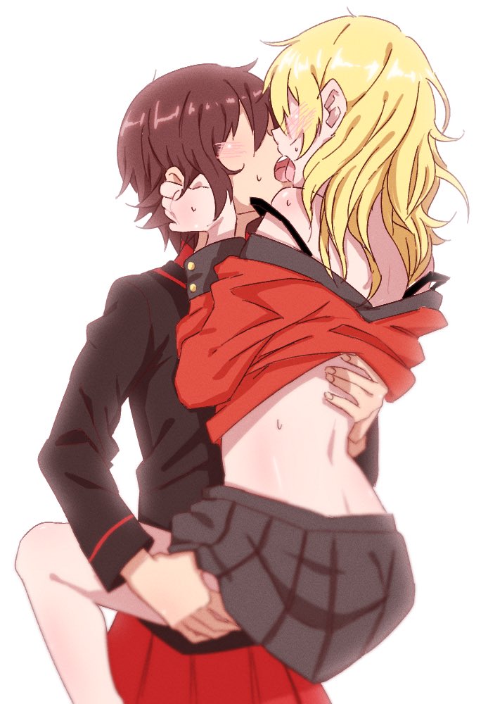 2girls, black_bra, blonde_hair, blush, bra, brown_hair, cowboy_shot, darjeeling