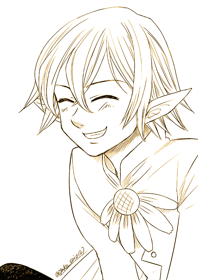 1boy, blush, buttons, closed_eyes, fairy, flower, greyscale, grin