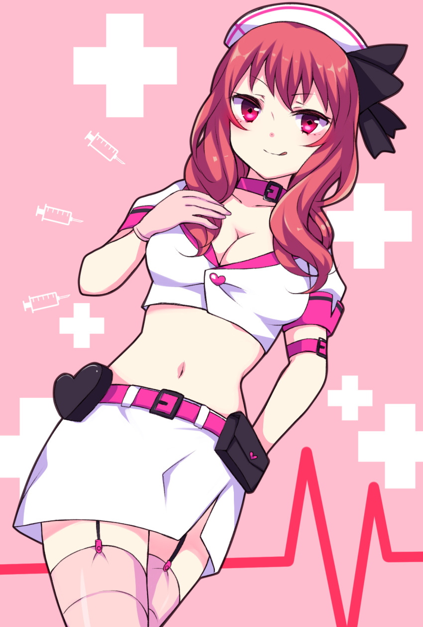 1girl, arm_belt, bag, bangs, belt_buckle, black_bow, bow, breasts, buckle, cleavage, collarbone, crop_top, cross, eyebrows_visible_through_hair, garter_straps, gloves, gucchiann, hair_between_eyes, hair_bow, hand_up, hat, heart, heart_monitor, highres, medium_breasts, midriff, nurse, nurse_cap, original, pink_background, pink_gloves, pink_legwear, puffy_short_sleeves, puffy_sleeves, purple_belt, purple_collar, redhead, satchel, shirt, short_sleeves, skirt, solo, syringe, thigh-highs, violet_eyes, white_hat, white_shirt, white_skirt