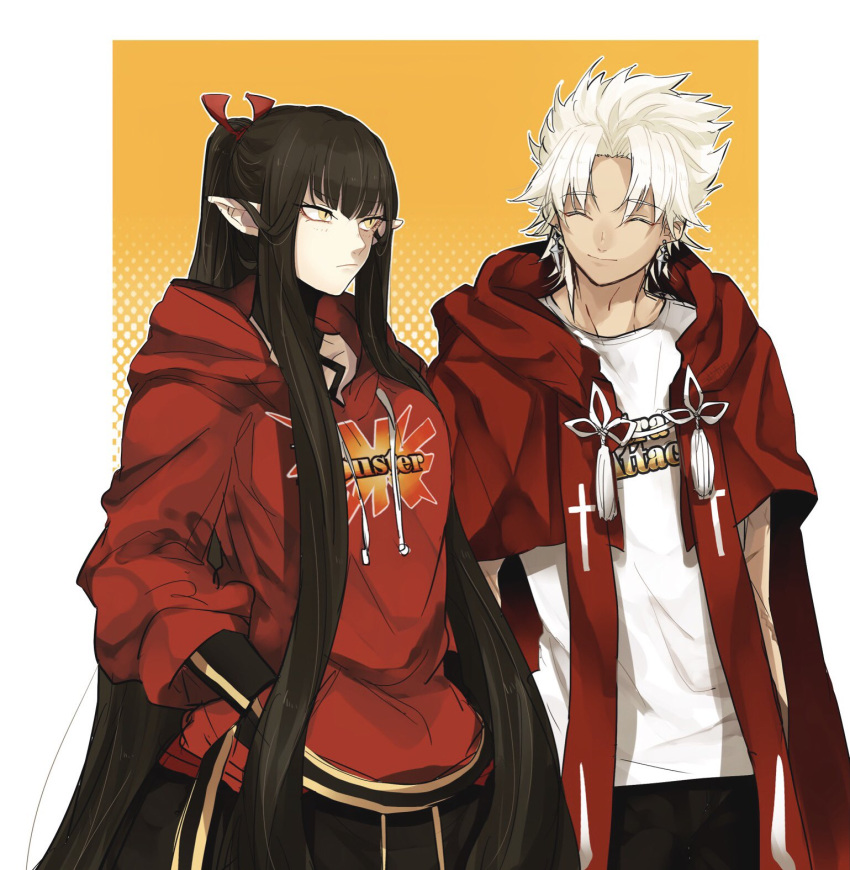 1boy, 1girl, amakusa_shirou_(fate), black_hair, buster_shirt, dark_skin, fate/apocrypha, fate_(series), highres, hood, hoodie, long_hair, pointy_ears, semiramis_(fate), u_5ham0, very_long_hair, white_hair