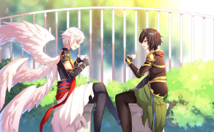 2boys, black_gloves, black_hair, black_pants, brown_eyes, closed_eyes, cup, day