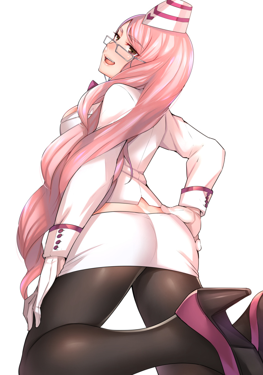 1girl, ass, back, black_legwear, brown_eyes, earrings, eyebrows_visible_through_hair, fang