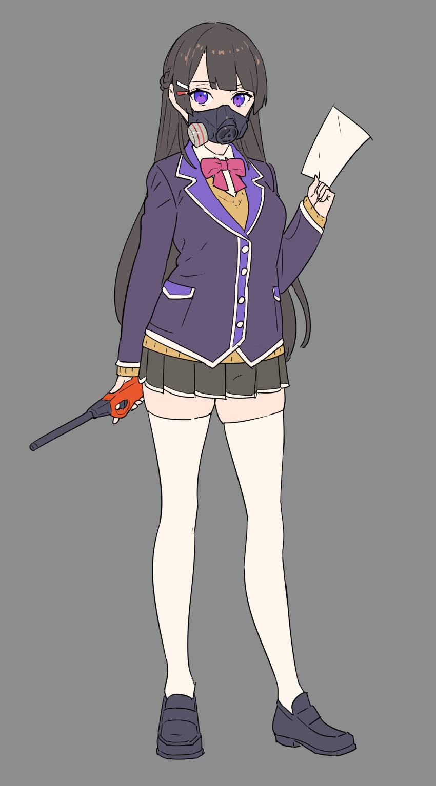 absurdres, bangs, black_blazer, black_hair, black_jacket, blazer, blue_eyes, firestarter, gas_mask, highres, jacket, nagisa_kurousagi, nijisanji, plaid, plaid_skirt, skirt, tsukino_mito, virtual_youtuber