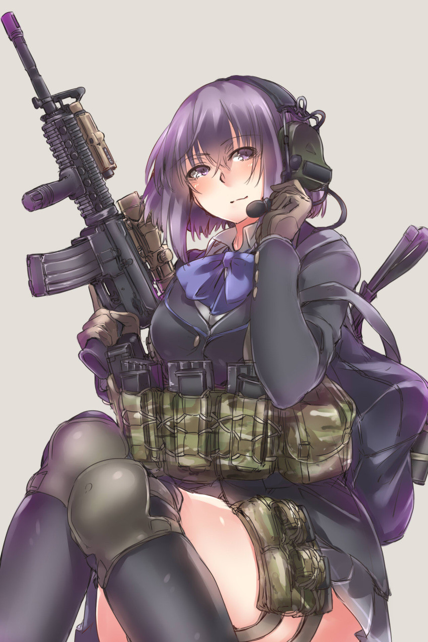 1girl, asato_miyo, assault_rifle, ayyh, bag, gloves, gun, headset