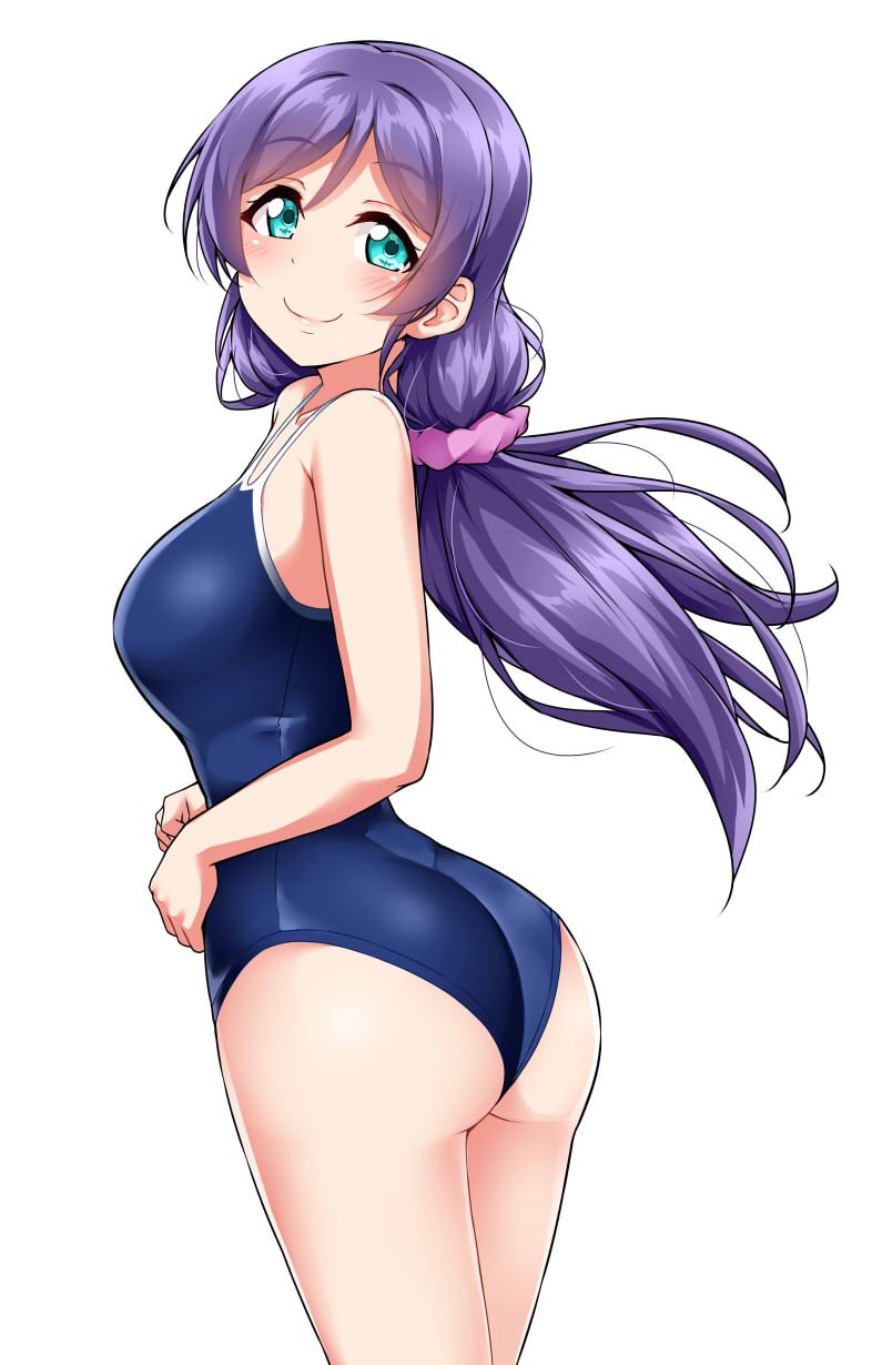 1girl, aqua_eyes, ass, blue_swimsuit, blush, breasts, closed_mouth, commentary_request
