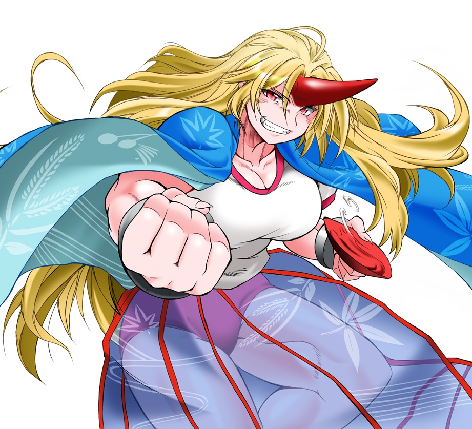 1girl, alcohol, angeldust, bangs, blonde_hair, blue_cape, blue_skirt, breasts, buruma, cape, cleavage, clenched_hand, commentary_request, cowboy_shot, cuffs, cup, foreshortening, grass_print, grin, horn, hoshiguma_yuugi, large_breasts, leaf_print, long_hair, muscle, muscular_female, neck, red_eyes, sakazuki, sake, see-through, shackles, shiny, shiny_hair, shirt, short_sleeves, simple_background, skirt, slit_pupils, smile, solo, spilling, striped, striped_skirt, thick_thighs, thighs, touhou, very_long_hair, white_background, white_shirt