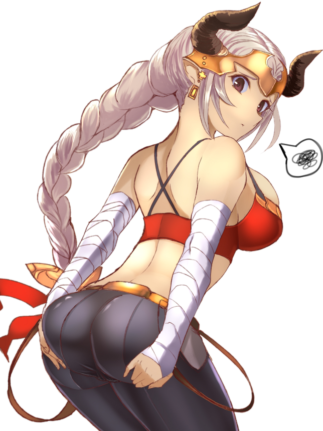 1girl, aliza_(granblue_fantasy), ass, blush, breasts, draph, granblue_fantasy, hand_on_ass, headpiece, horns, koucha_maru, large_breasts, long_hair, looking_back, pants, pointy_ears, ponytail, red_eyes, silver_hair, solo, tight, tight_pants