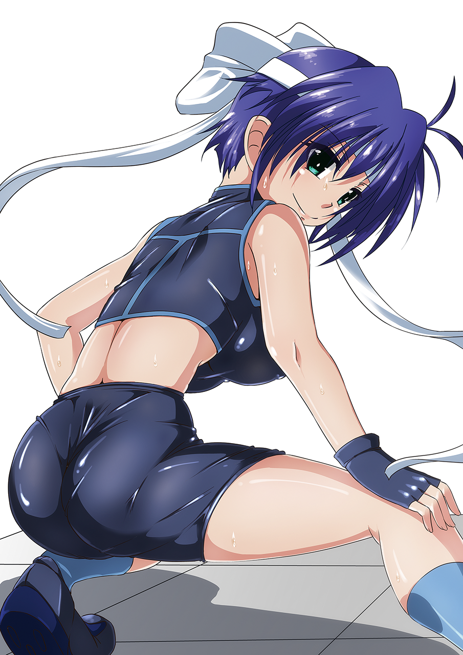 1girl, ankle_socks, aqua_eyes, ass, bare_shoulders, bike_shorts, blue_hair, breasts