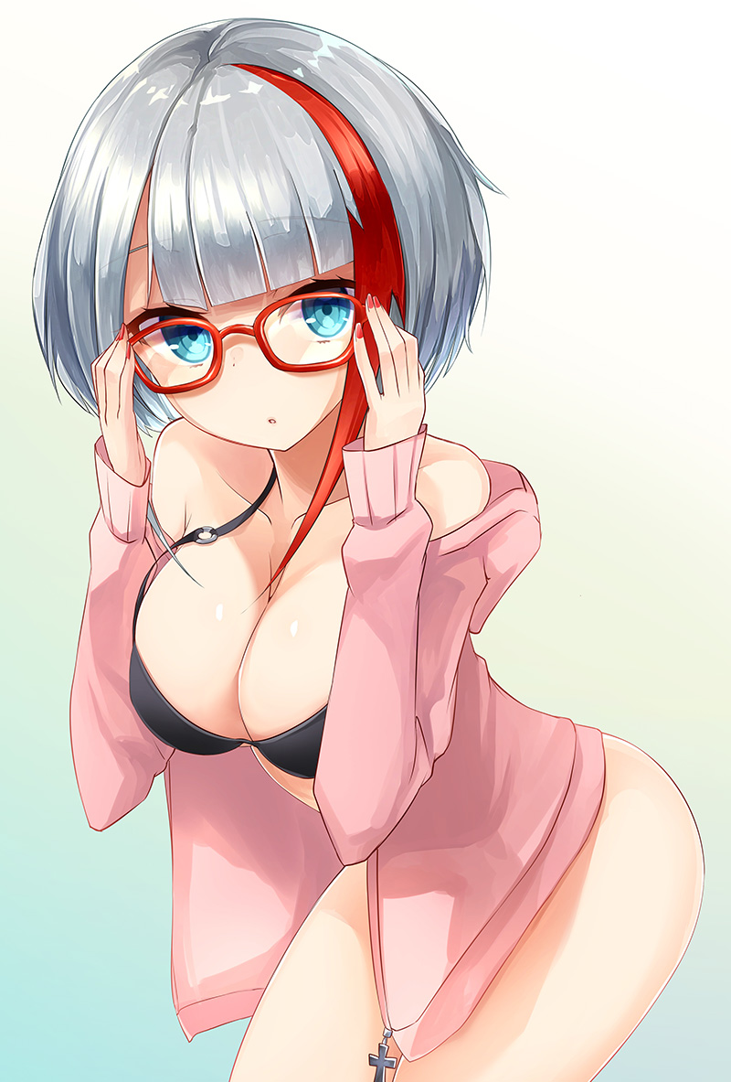 1girl, :o, admiral_graf_spee_(azur_lane), alternate_breast_size, alternate_costume, ass, azur_lane, bangs, bare_shoulders, bikini, black_bikini, blue_eyes, blunt_bangs, blush, breasts, cleavage, eyebrows_visible_through_hair, glasses, gradient, gradient_background, hand_on_eyewear, hood, hood_down, hoodie, iron_cross, large_breasts, leaning_forward, long_sleeves, looking_at_viewer, multicolored_hair, nail_polish, o-ring_top, off_shoulder, open_clothes, open_mouth, open_shirt, oshishio, pink_hoodie, red-framed_eyewear, red_nails, redhead, silver_hair, simple_background, solo, streaked_hair, swimsuit, thighs