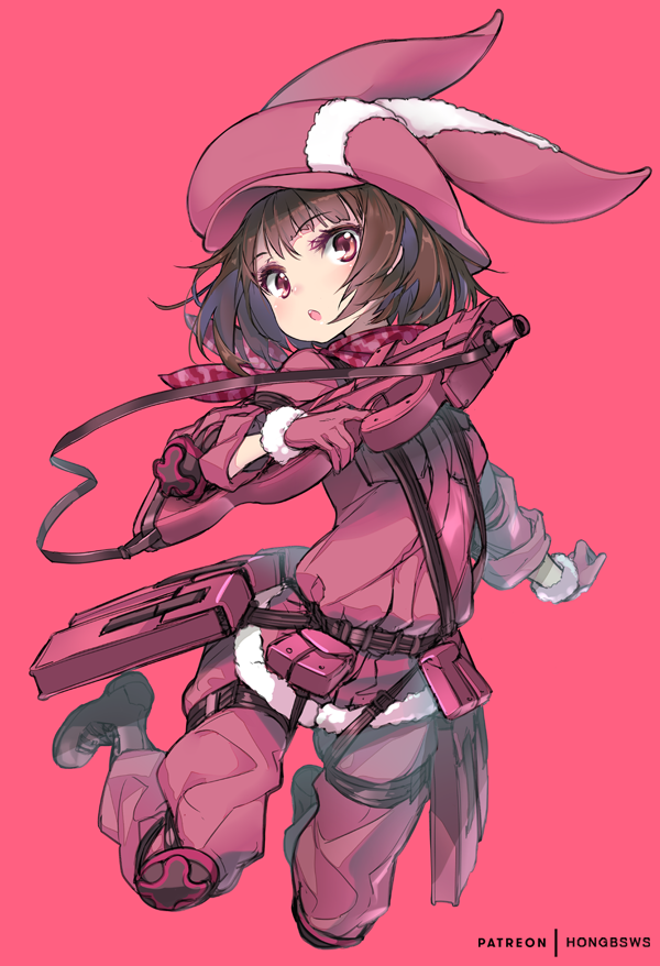 1girl, animal_ears, animal_hat, bangs, black_footwear, boots, brown_hair, bullpup, bunny_hat, commentary_request, eyebrows_visible_through_hair, fur-trimmed_gloves, fur_trim, gloves, gun, hat, holding, holding_gun, holding_weapon, hong_(white_spider), jacket, llenn_(sao), long_sleeves, p-chan_(sao), p90, pants, parted_lips, patreon_username, pink_background, pink_gloves, pink_hat, pink_jacket, pink_pants, rabbit_ears, red_eyes, short_hair, simple_background, solo, submachine_gun, sword_art_online, sword_art_online_alternative:_gun_gale_online, upper_teeth, watermark, weapon