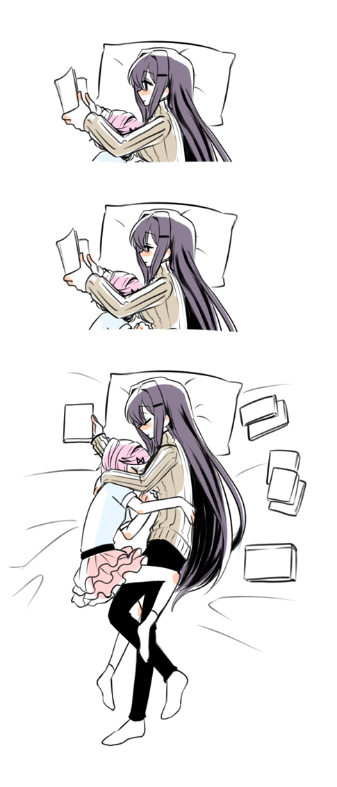 2girls, blush, book, closed_eyes, doki_doki_literature_club, from_above, hair_ornament, hairclip