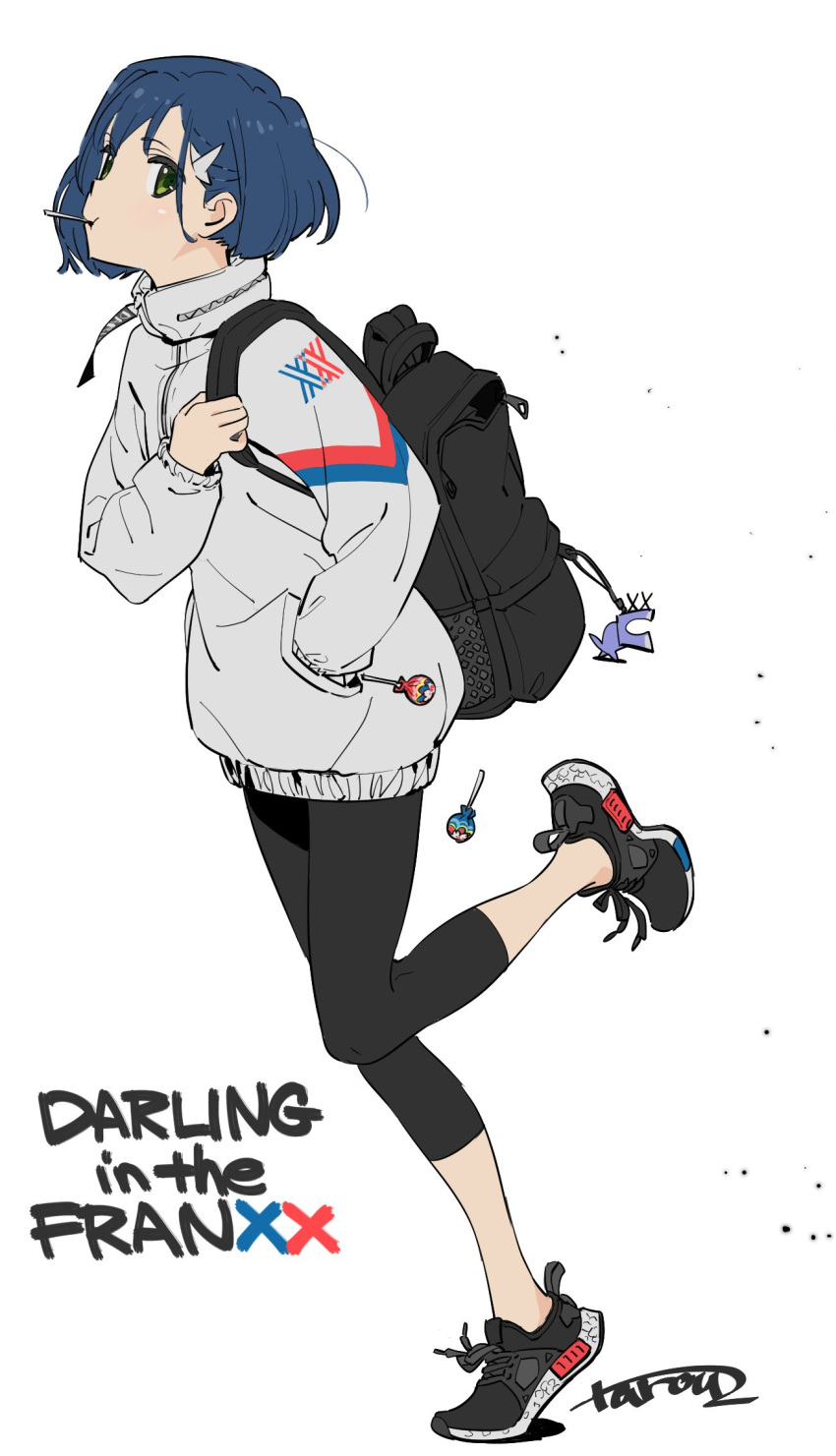 1girl, artist_name, bangs, black_backpack, black_footwear, black_legwear, blue_hair, candy