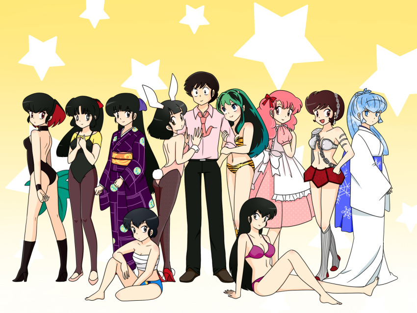 1boy, animal_ears, benten, bikini, bunnysuit, fujinami_ryuunosuke, harem, highres, japanese_clothes, kimono, kurama_(urusei_yatsura), leotard, lum, lum10, mendou_ryouko, miyake_shinobu, mizunokouji_asuka, moroboshi_ataru, multiple_girls, oyuki_(urusei_yatsura), rabbit_ears, ran_(urusei_yatsura), sakura_(urusei_yatsura), sarashi, swimsuit, urusei_yatsura