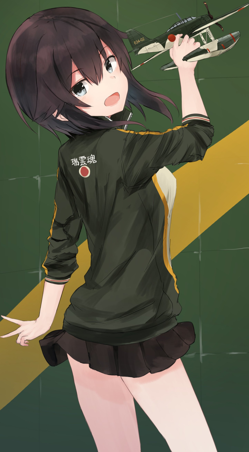 1girl, :d, absurdres, aircraft, airplane, ass, bangs, brown_hair