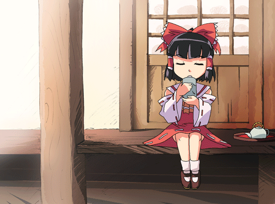 animated_gif, drinking, gif, hakurei_reimu, shokkin, short_hair, tea, touhou