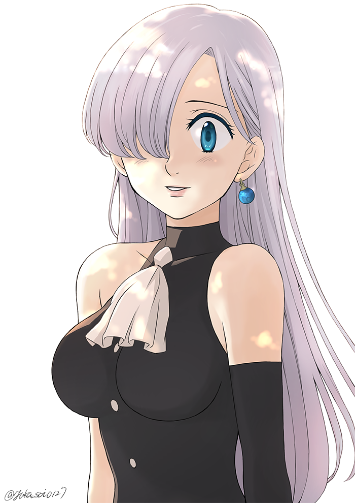 1girl, bare_shoulders, black_gloves, blue_earrings, blue_eyes, blush, breasts, buttons