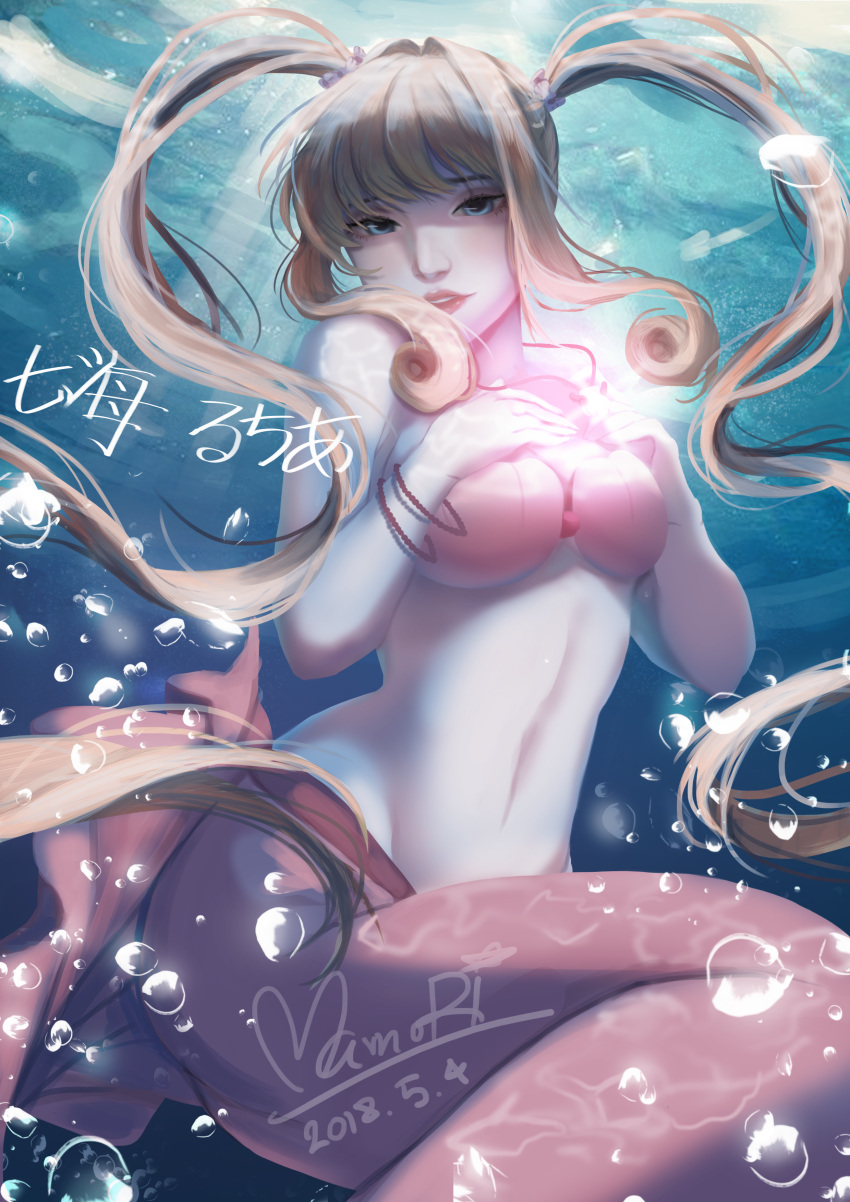 1girl, absurdres, blonde_hair, bra, eyebrows_visible_through_hair, highres, long_hair, looking_at_viewer, mermaid, mermaid_melody_pichi_pichi_pitch, monster_girl, nanami_lucia, pegazora, pink_bra, shell_necklace, underwear