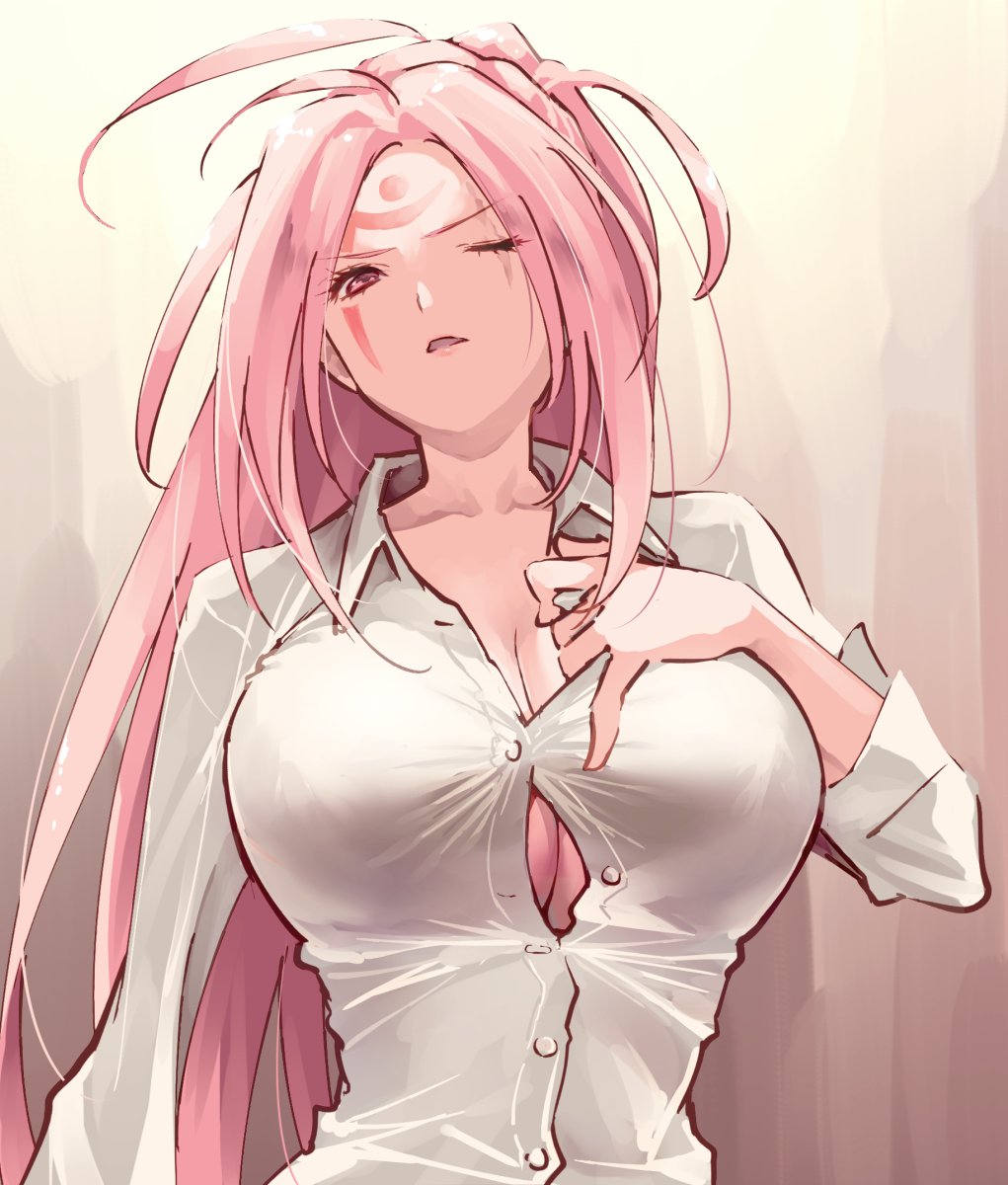 1girl, amputee, baiken, blouse, breasts, bursting, bursting_breasts, buttons, cleavage, collared_shirt, dress_shirt, facial_tattoo, guilty_gear, guilty_gear_xrd, hand_on_own_chest, highres, jako_(toyprn), katana, large_breasts, long_sleeves, looking_down, one-eyed, open_clothes, open_mouth, open_shirt, partially_unbuttoned, pink_hair, samurai, scar, scar_across_eye, shirt, sword, tattoo, tight, tight_shirt, unbuttoned, unbuttoned_shirt, weapon, white_shirt