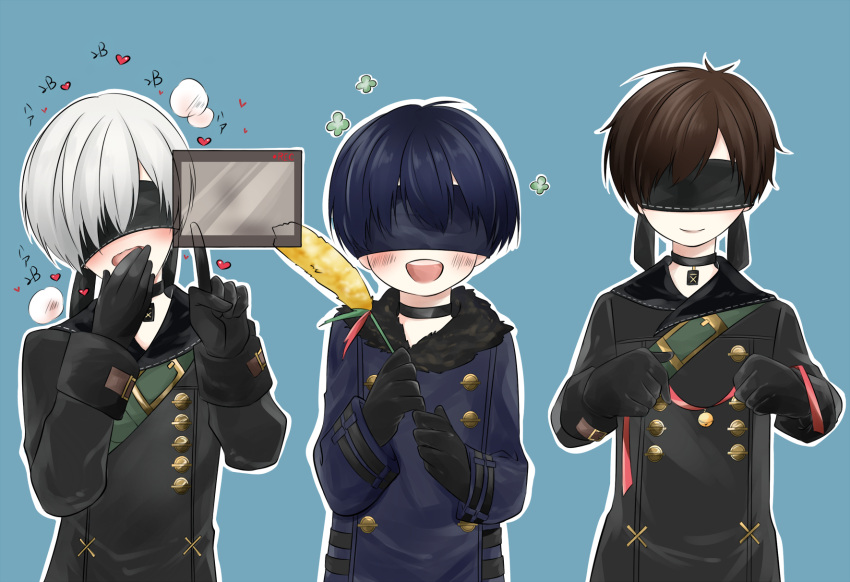 3boys, an2057427, bell, bell_collar, black_blindfold, black_choker, black_gloves, black_jacket