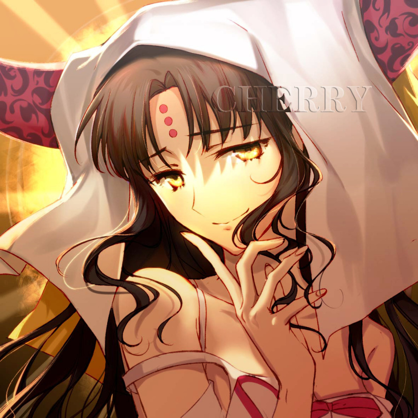 1girl, artist_name, bare_shoulders, black_hair, breasts, cherry_(10013717), closed_mouth, facial_mark