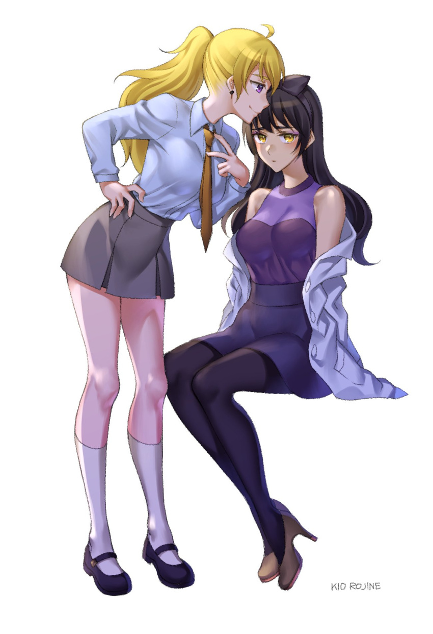 2girls, ahoge, black_hair, blake_belladonna, blonde_hair, bow, commentary, dress