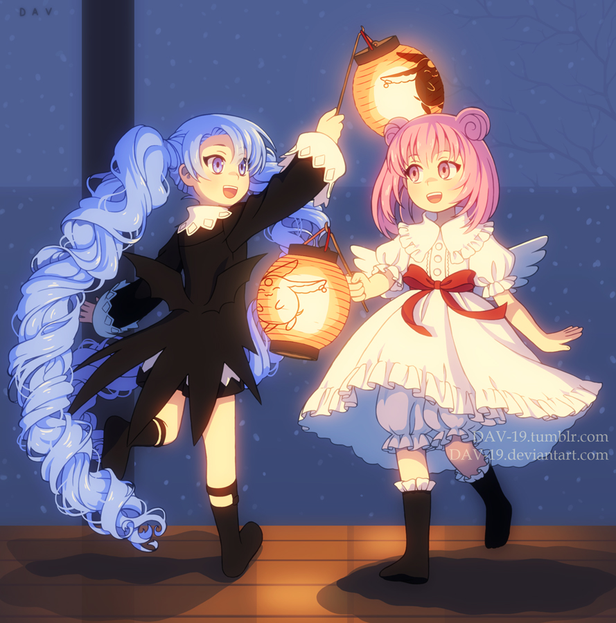 2girls, :d, angel_wings, aqua_eyes, aqua_hair, bat_wings, black_dress, blue_background