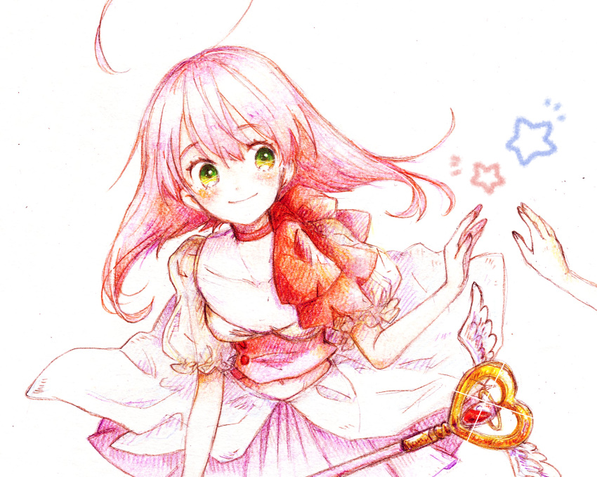 1girl, ahoge, blush, bow, glint, green_eyes, hands, highres