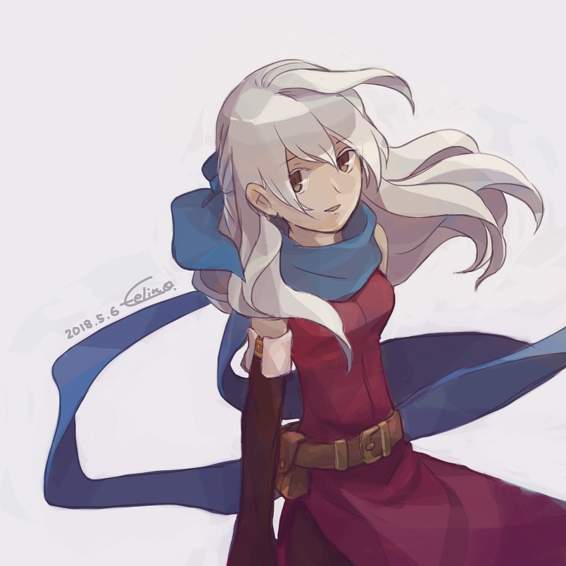 1girl, bangle, bare_shoulders, black_gloves, blue_scarf, bracelet, dated, dress, elbow_gloves, felino-konoha, fingerless_gloves, fire_emblem, fire_emblem:_akatsuki_no_megami, gloves, half_updo, jewelry, looking_at_viewer, looking_up, micaiah, scarf, side-slit, side_slit, signature, silver_hair, sleeveless, sleeveless_dress, smile, solo, yellow_eyes