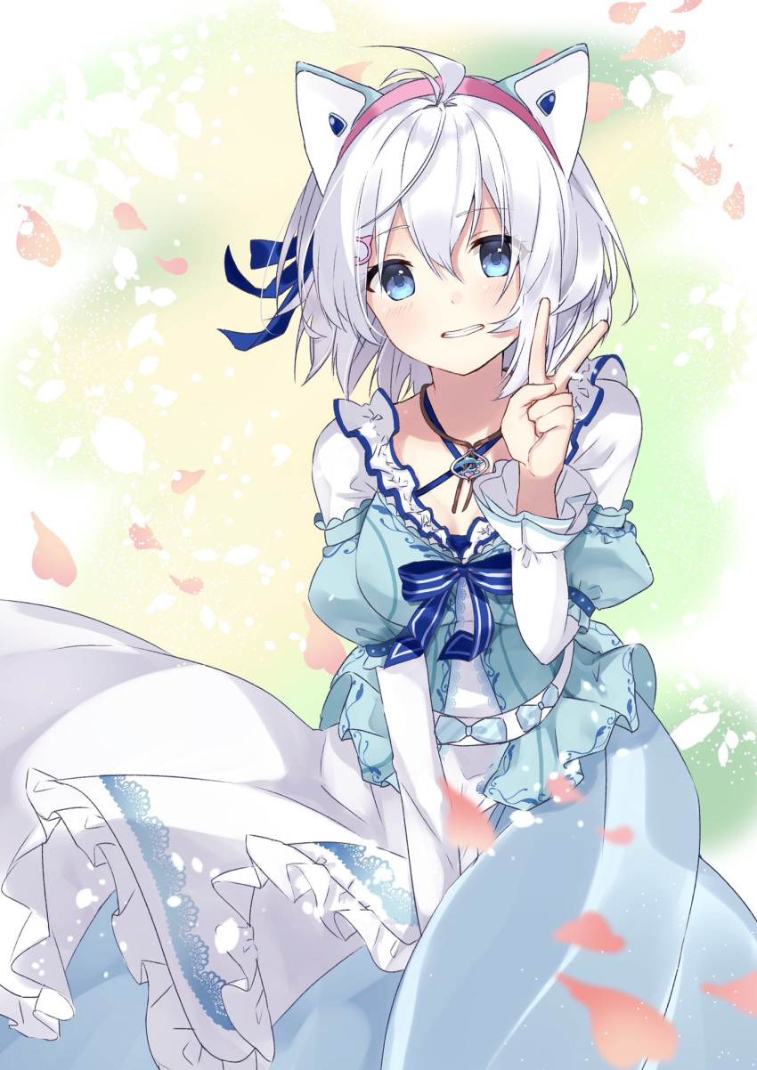 1girl, akou_yami, animal_ears, between_legs, blue_dress, blue_eyes, blush, cat_ears