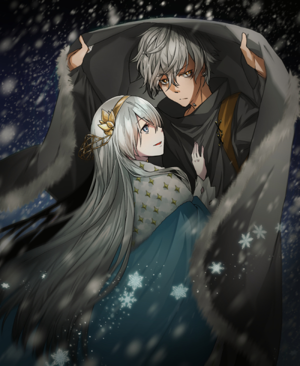 1boy, 1girl, anastasia_(fate/grand_order), bangs, blue_cape, brown_eyes, cape, eyebrows_visible_through_hair