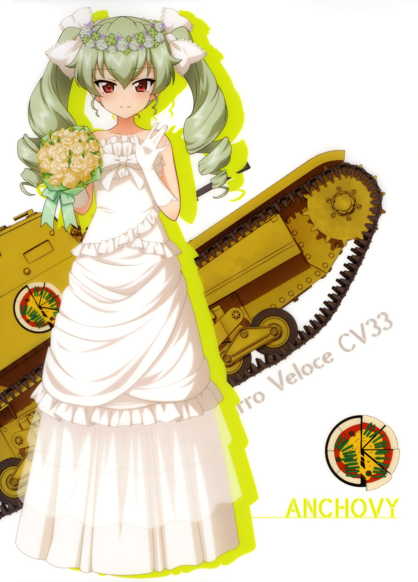 1girl, absurdres, anchovy, bangs, blunt_bangs, bouquet, bow, carro_veloce_cv-33