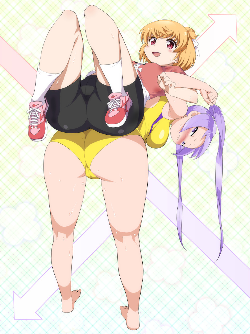 2girls, :d, absurdres, anne_happy, ass, ass-to-ass, back-to-back, bangs