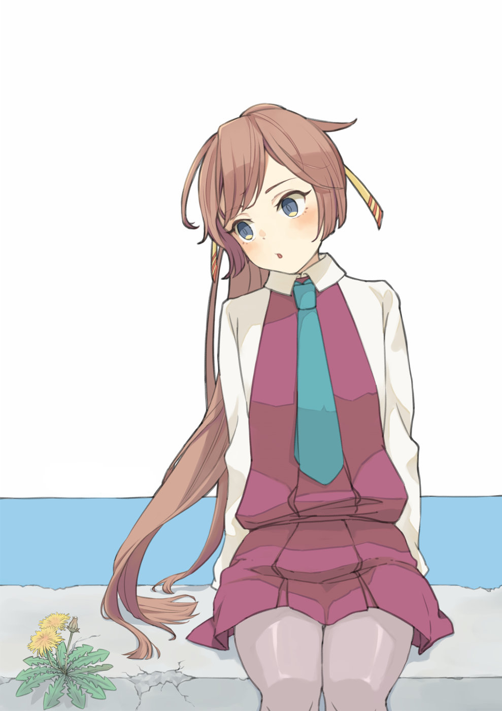 1girl, :o, aqua_neckwear, arms_at_sides, bangs, blue_eyes, blush, brown_hair