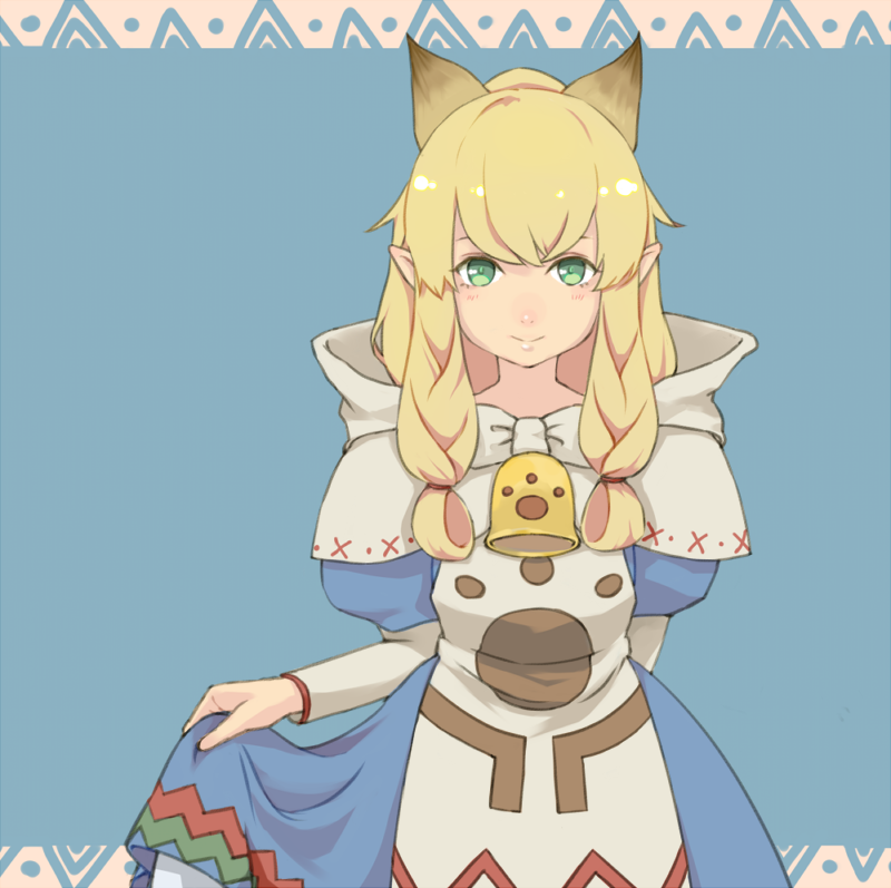 1girl, animal_ears, bangs, bell, blonde_hair, blue_background, blue_dress, cat_ears