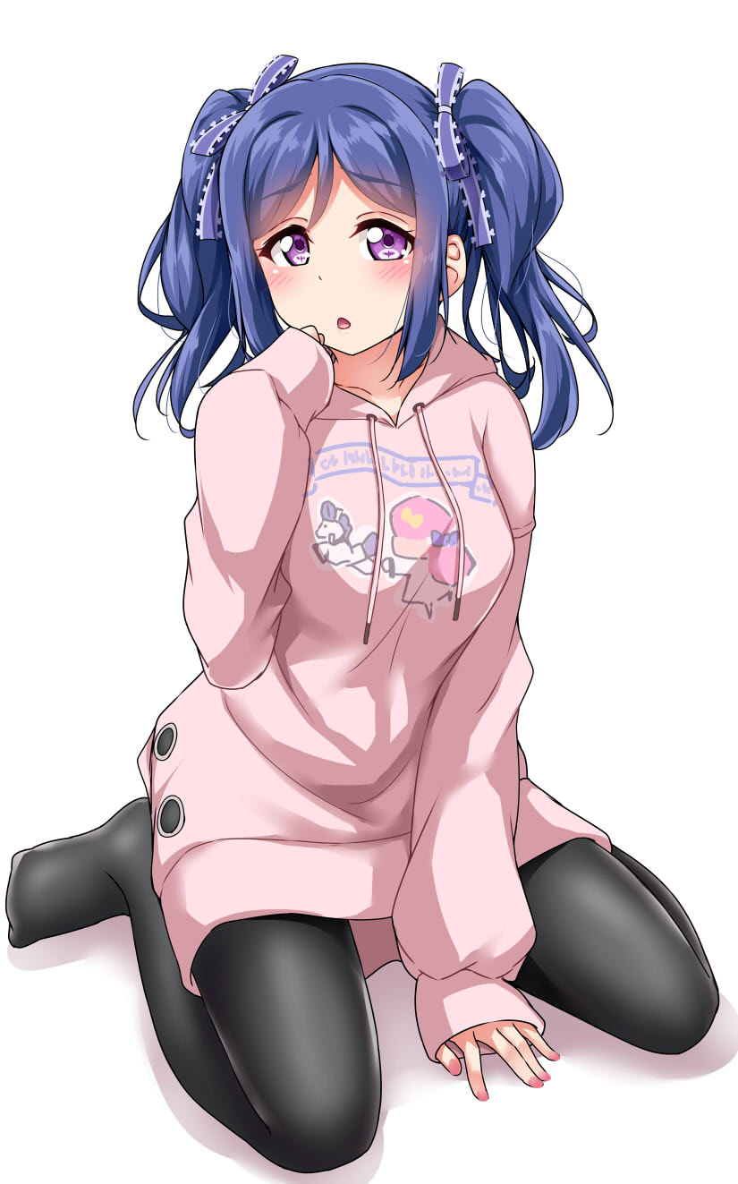 1girl, :o, alternate_hairstyle, between_legs, black_legwear, blue_hair, blue_ribbon, blush
