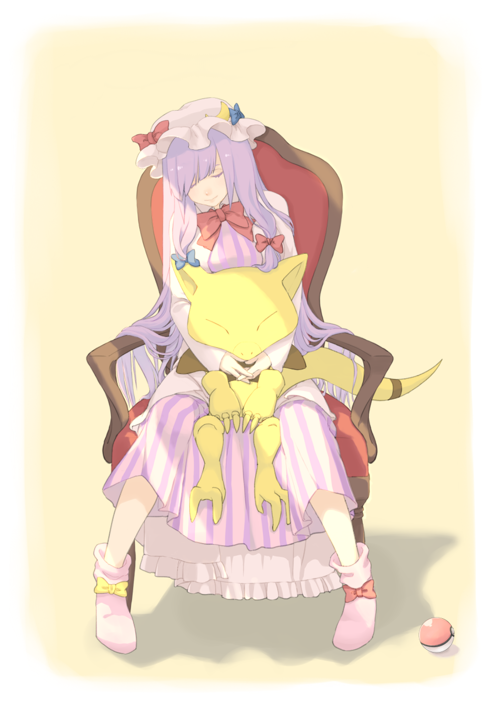 1girl, abra, bangs, blue_bow, bobby_socks, bow, bowtie, chair